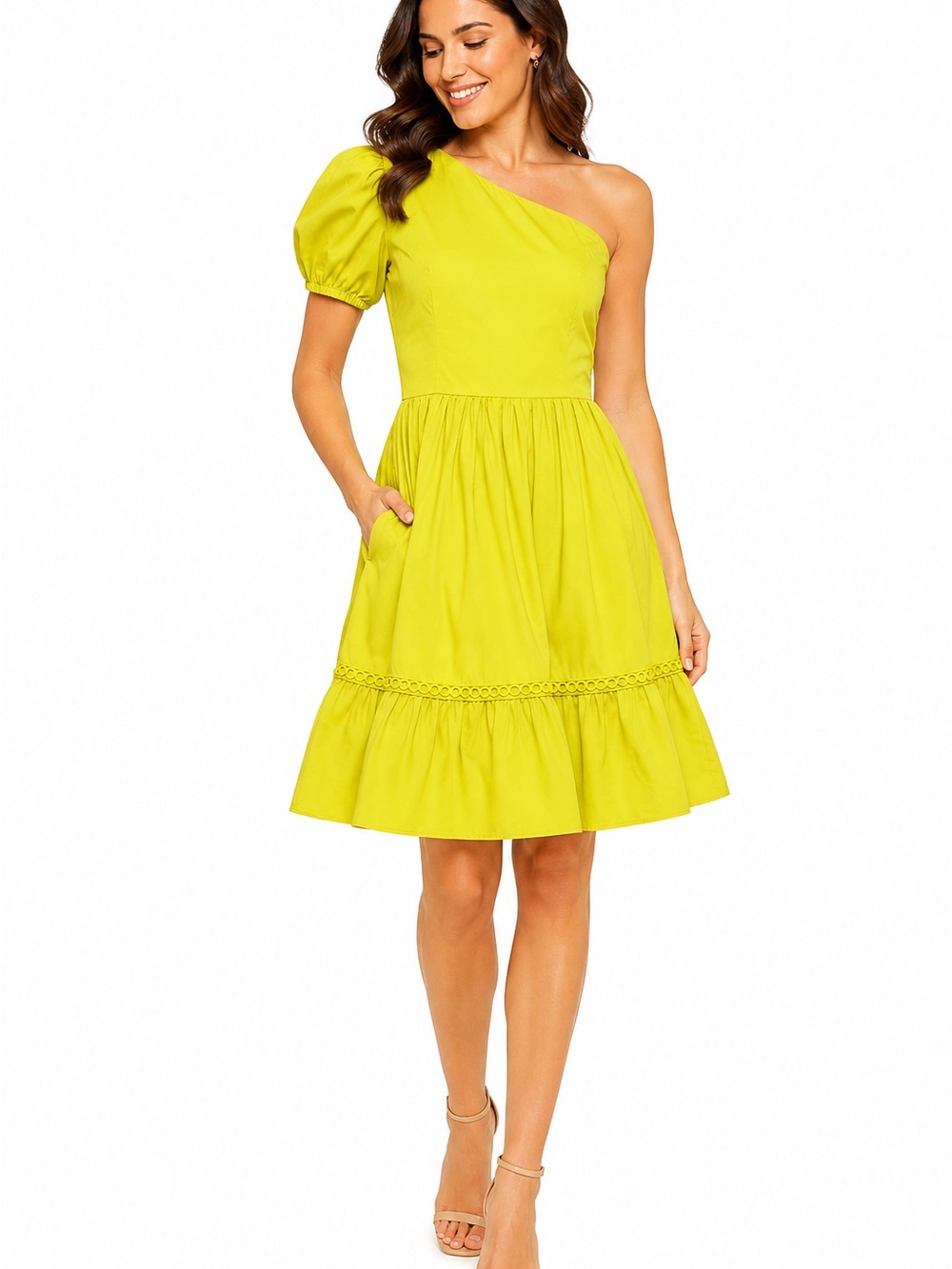 Anne Klein One Shoulder Cocktail Mini Dress Citron Zest Puff Sleeve NWT Size 6